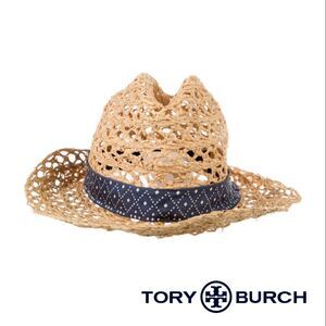 Tory Burch - Raffia Straw & Blue Print Trim Fedora Bucket Beach Hat, S/M, VGUC